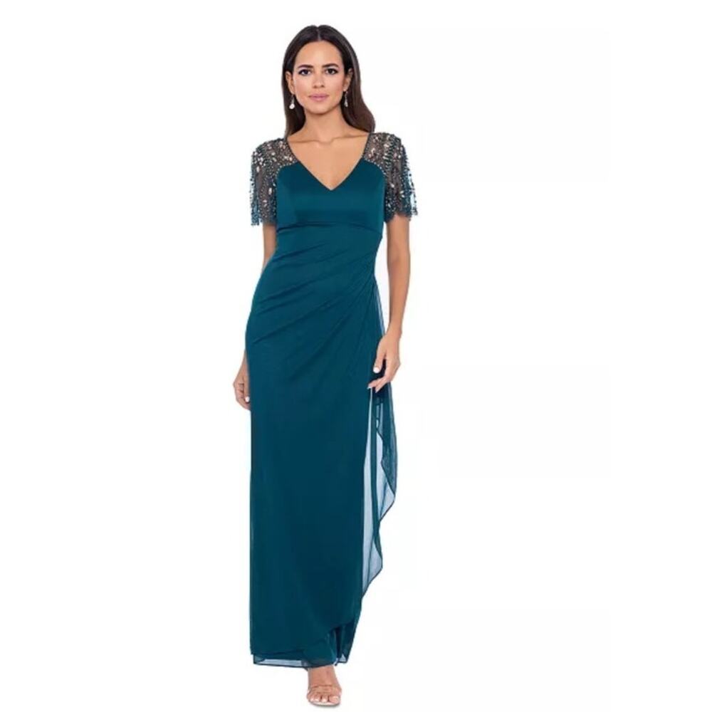 Xscape beaded sleeves chiffon sheath emerald green gown dress 10.